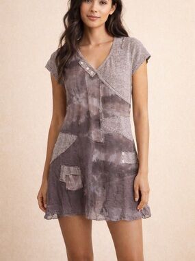 VEX Collection Patchwork Dress Tunic Brown Sheer Boho Size M/10/12